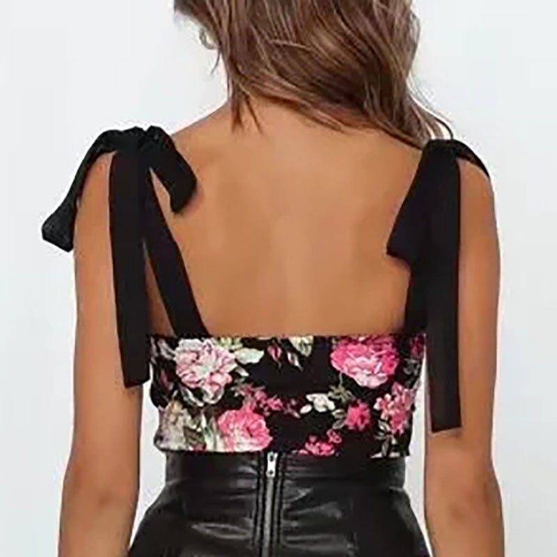 Women Vintage Floral Print Tank Tops Backless Cropped Tanks