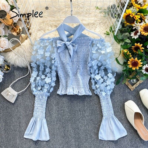 One Shoulder Chic Puff Sleeve Boho Blouse Women Hollow Out Smocking