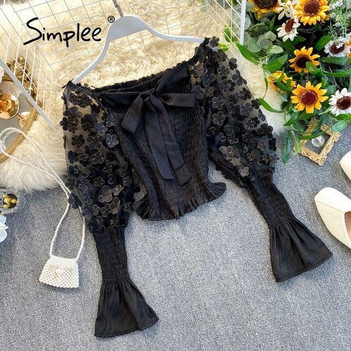 One Shoulder Chic Puff Sleeve Boho Blouse Women Hollow Out Smocking