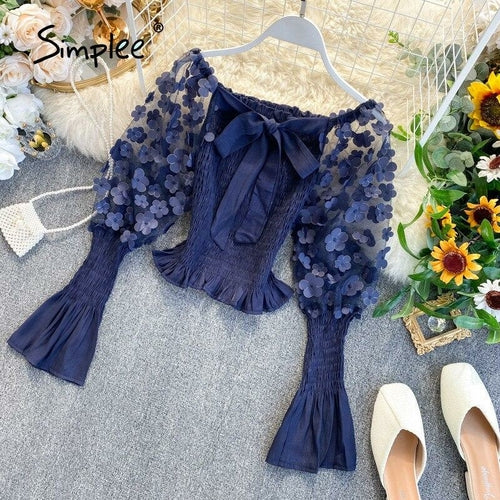 One Shoulder Chic Puff Sleeve Boho Blouse Women Hollow Out Smocking