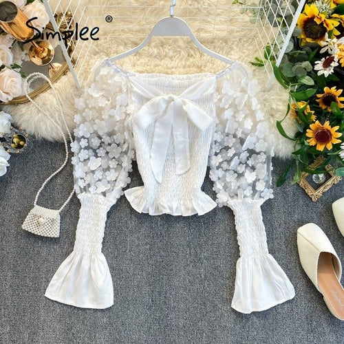 One Shoulder Chic Puff Sleeve Boho Blouse Women Hollow Out Smocking