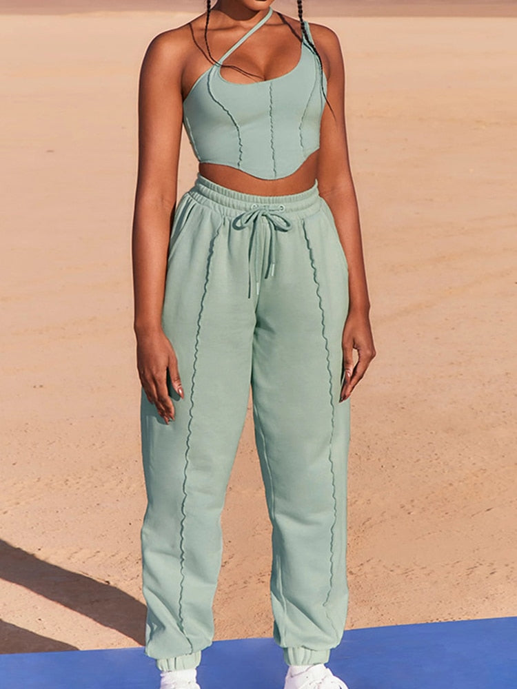 Women Sleeveless Tank Vest+Elastic Waist Long Pants Outfit