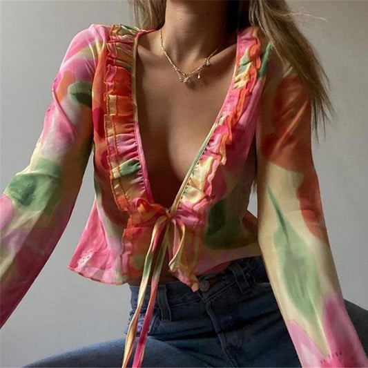 Printed Floral Ruffle Chiffon T Shirts Women V-neck Sexy Long Sleeve
