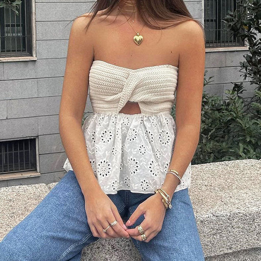 Off Shouler Strapless Bowknot Hollow Out Sexy Tube Knitted Cotton Crop