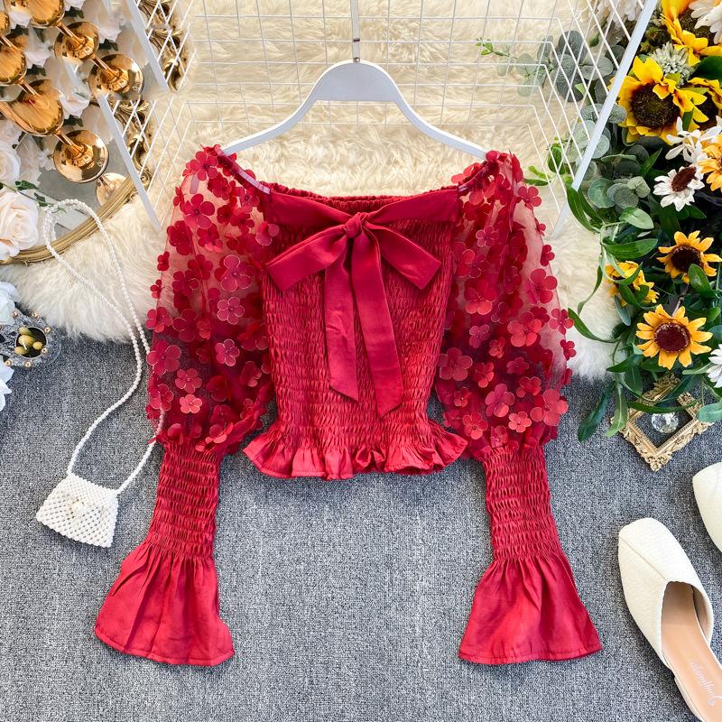 One Shoulder Chic Puff Sleeve Boho Blouse Women Hollow Out Smocking