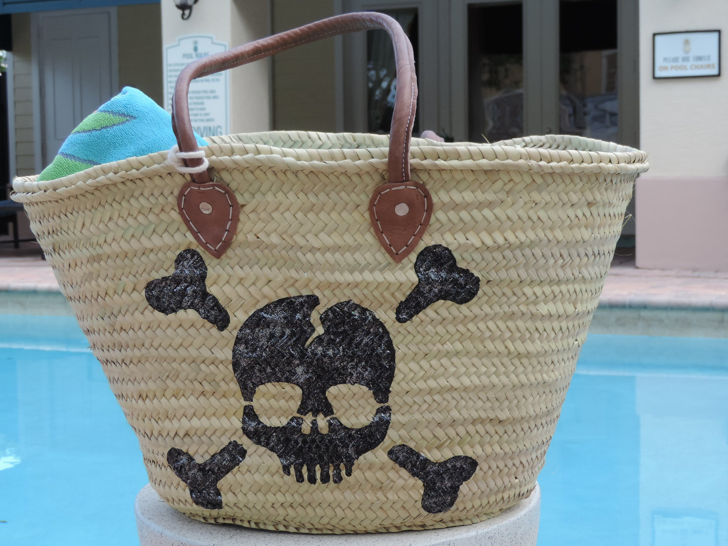 Straw Bag with Hand-Painted Skull & Bones & Tassel