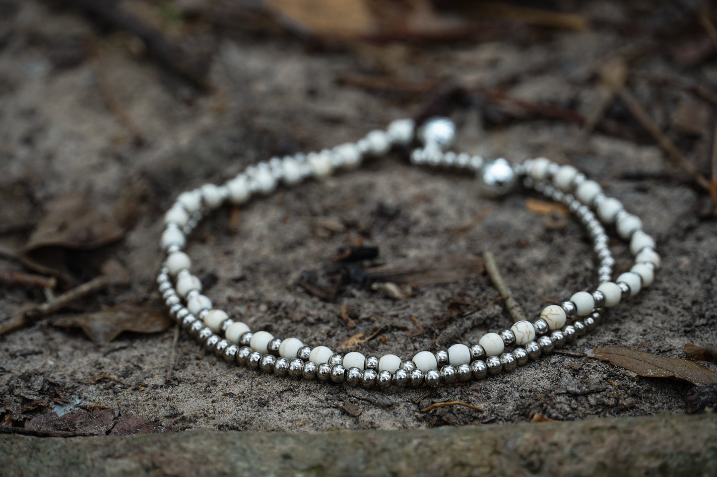 White Dual Band Boho Silver Anklet