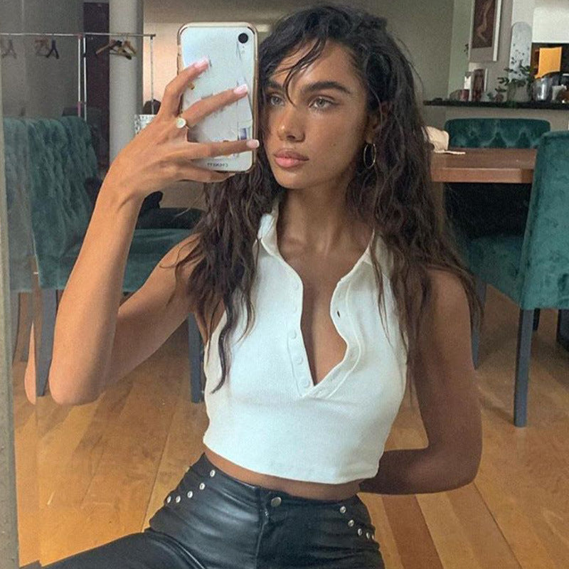 New Solid Lapel Vest Cropped Navel Backless Top