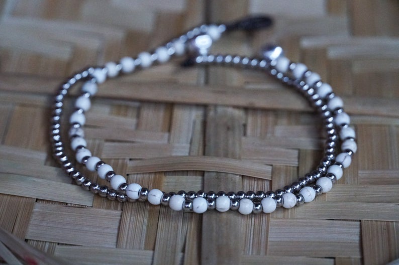 White Dual Band Boho Silver Anklet
