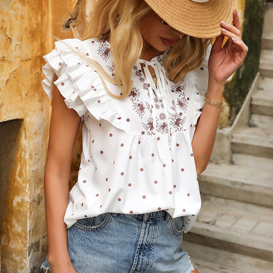 New Polka Dot Crew Neck Tie Loose T-Shirt