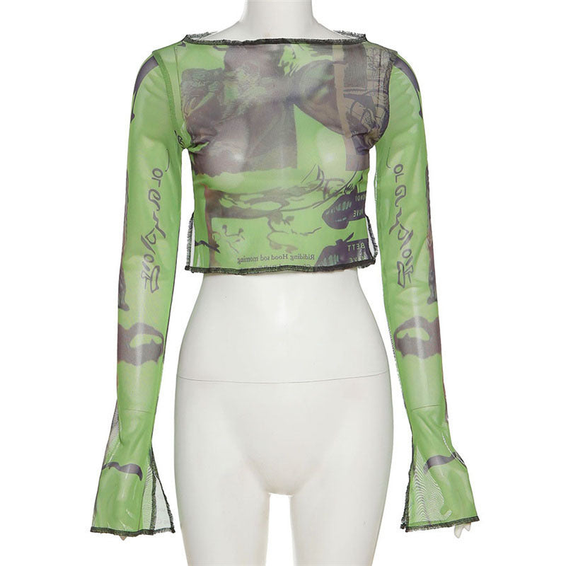 New Street Fashion Mesh Print Cropped T-Shirt