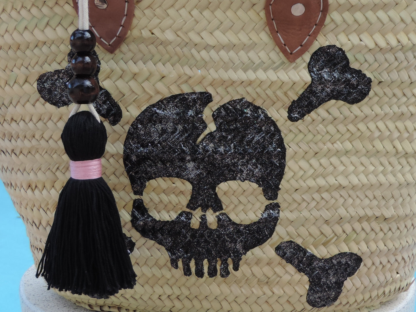 Straw Bag with Hand-Painted Skull & Bones & Tassel