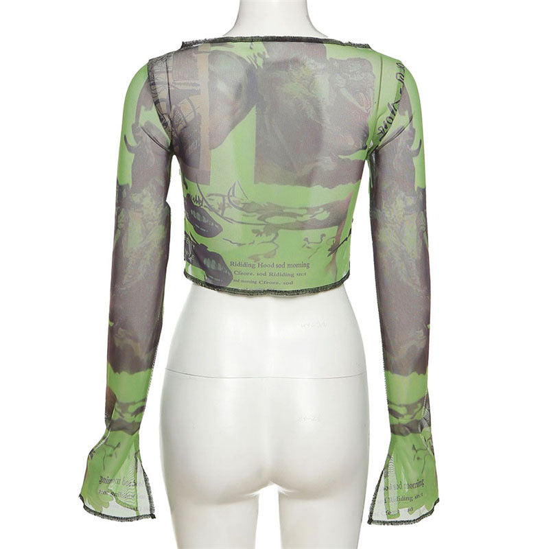 New Street Fashion Mesh Print Cropped T-Shirt