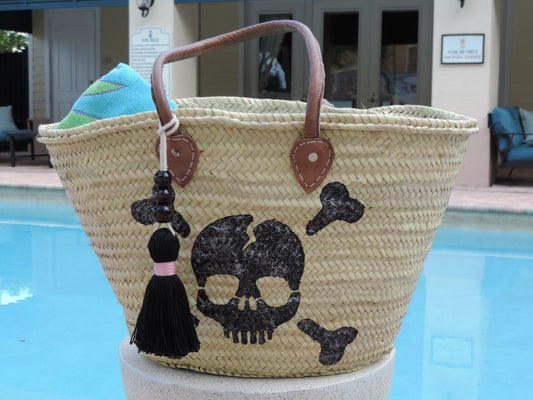 Straw Bag with Hand-Painted Skull & Bones & Tassel