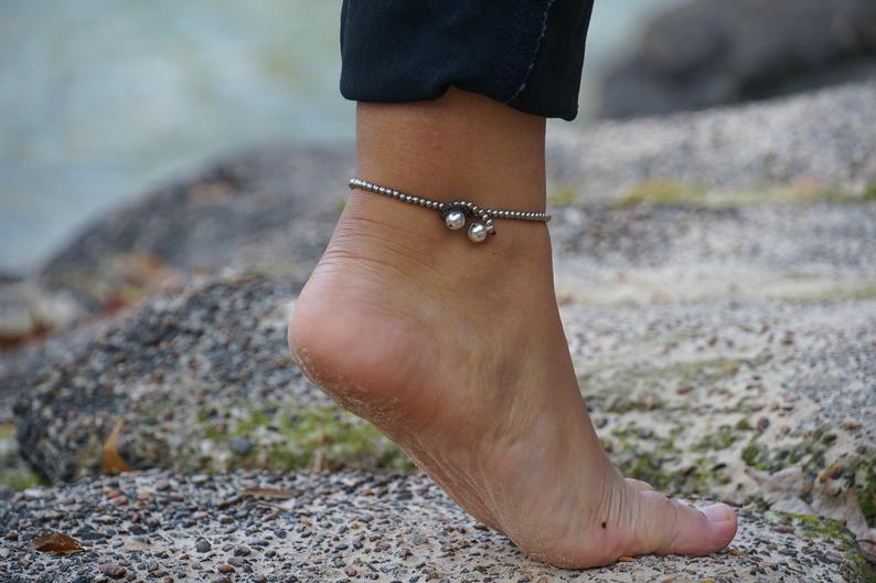 White Dual Band Boho Silver Anklet