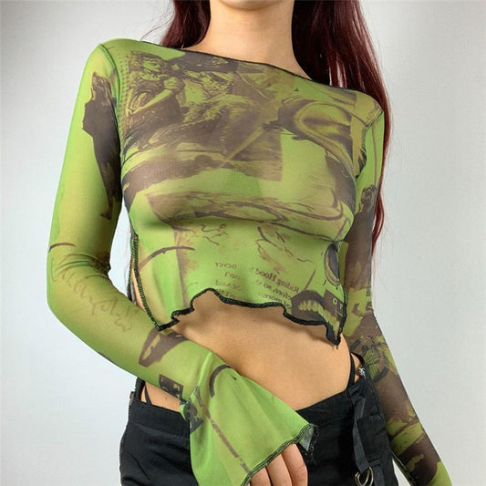 New Street Fashion Mesh Print Cropped T-Shirt