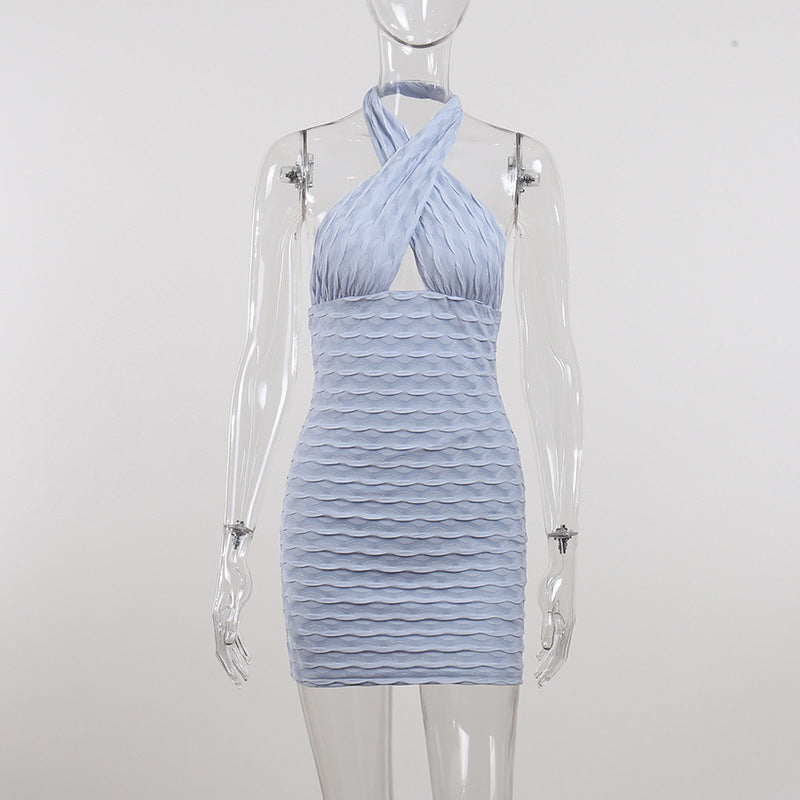 New Wavy Texture Halter Hollow Out Hip Dress