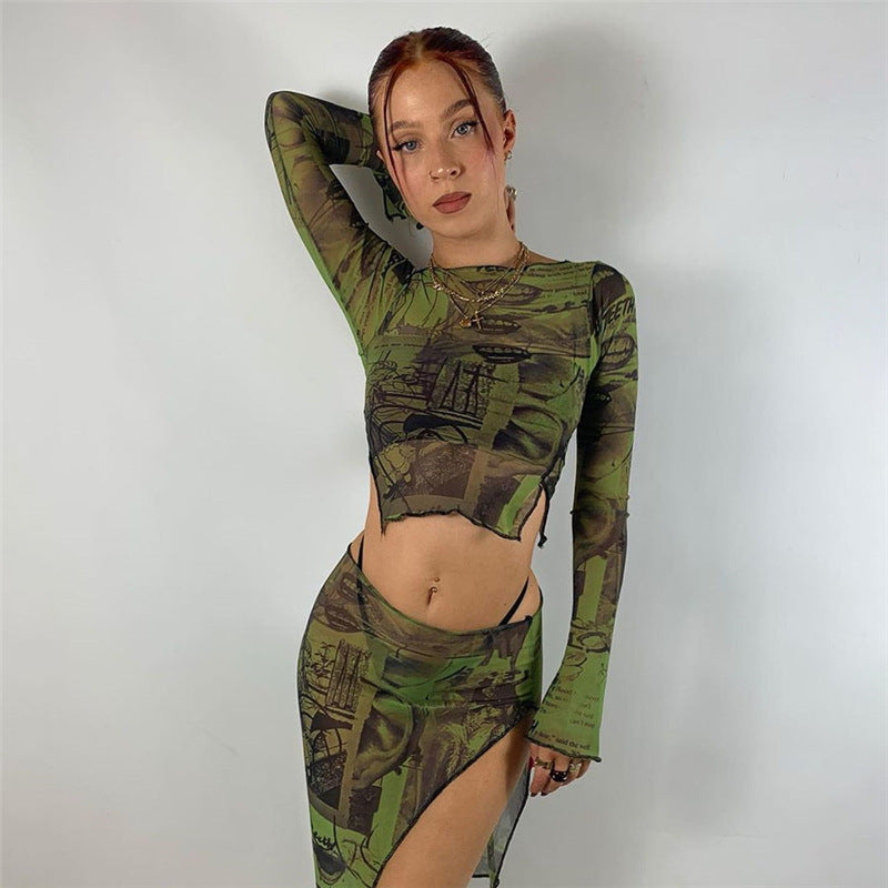 New Street Fashion Mesh Print Cropped T-Shirt