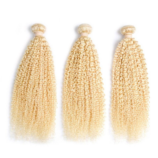 Blonde Kinky Curly #1B/613 Human Hair BUNDLES with CLOSURES & FRONTALS