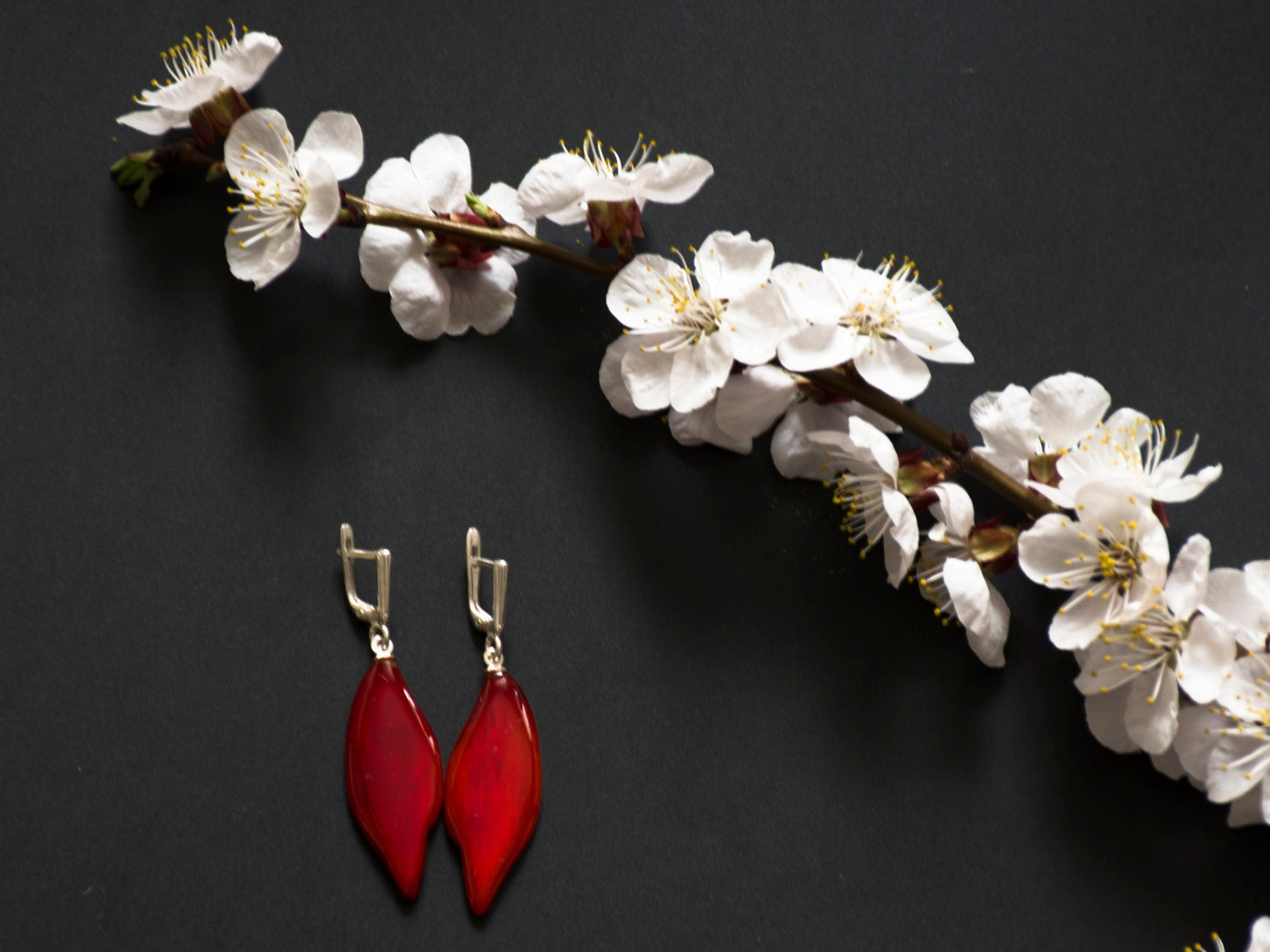 Boho earrings of Buffalo horn Red colour with a silver lock Earrings
