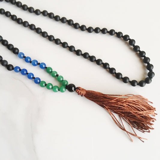 Black Onyx, Aventurine & Blue Agate 108 Mala Bead Necklace