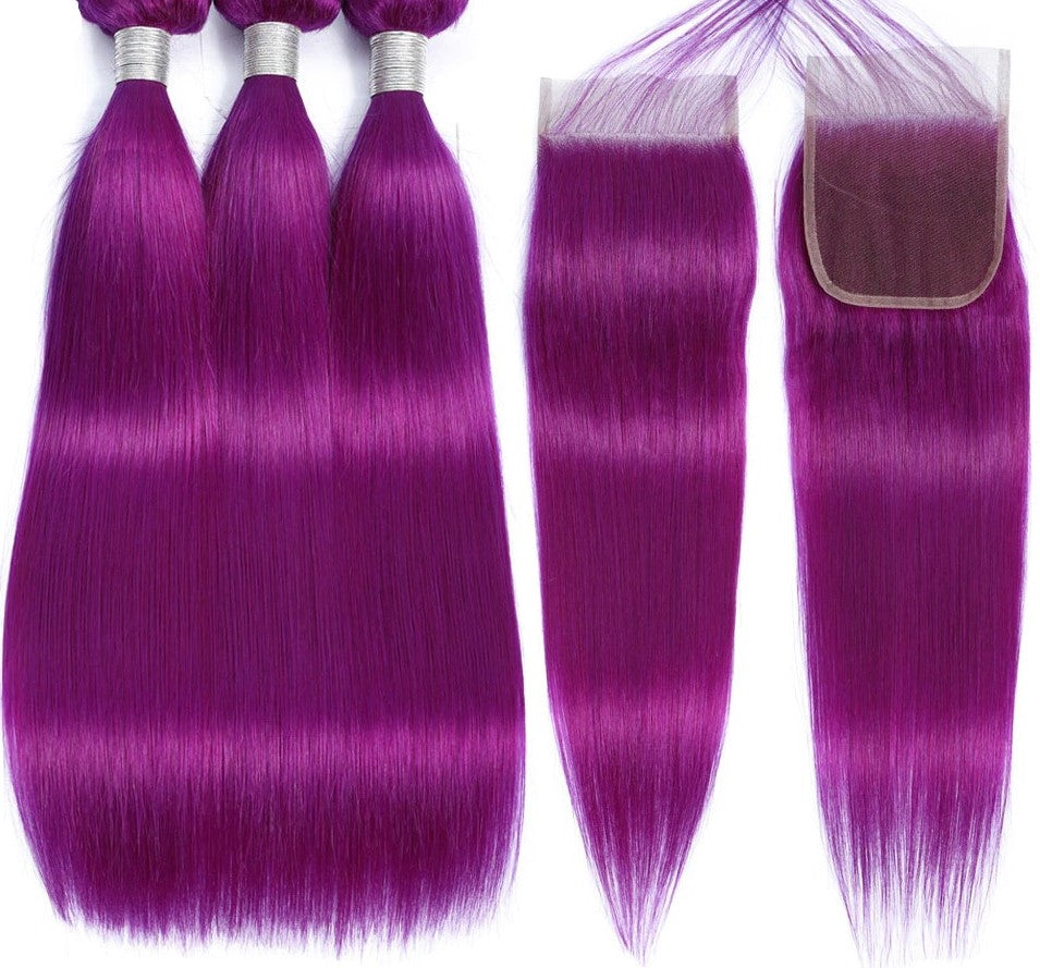 Purple 10A Grade Silver #1B/ purple  3/4 Straight BUNDLES with CLOSURE