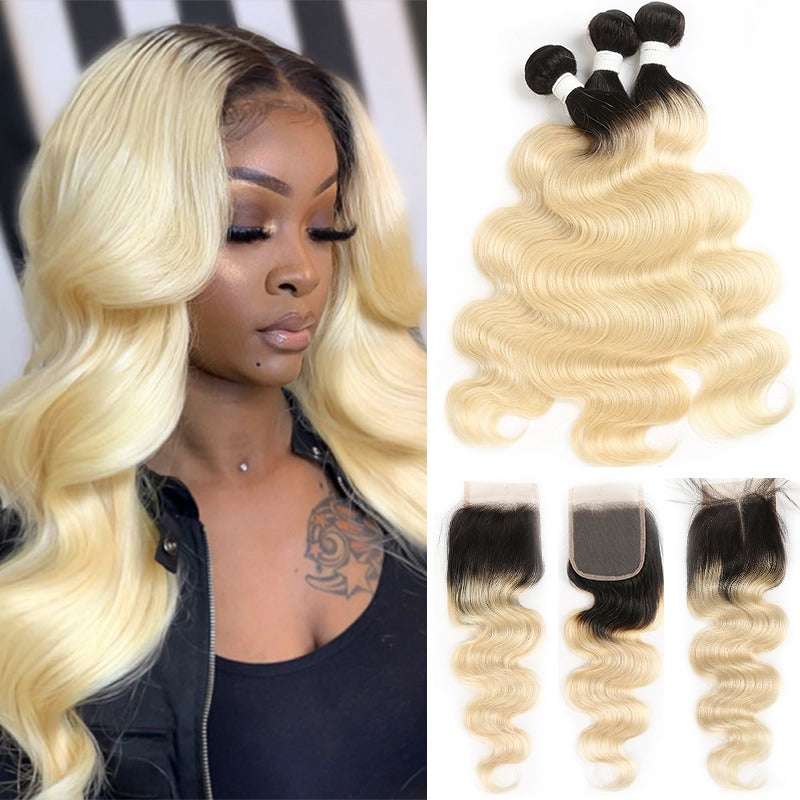 Blonde Body Wave #1B/613 BUNDLES with CLOSURES & FRONTALS
