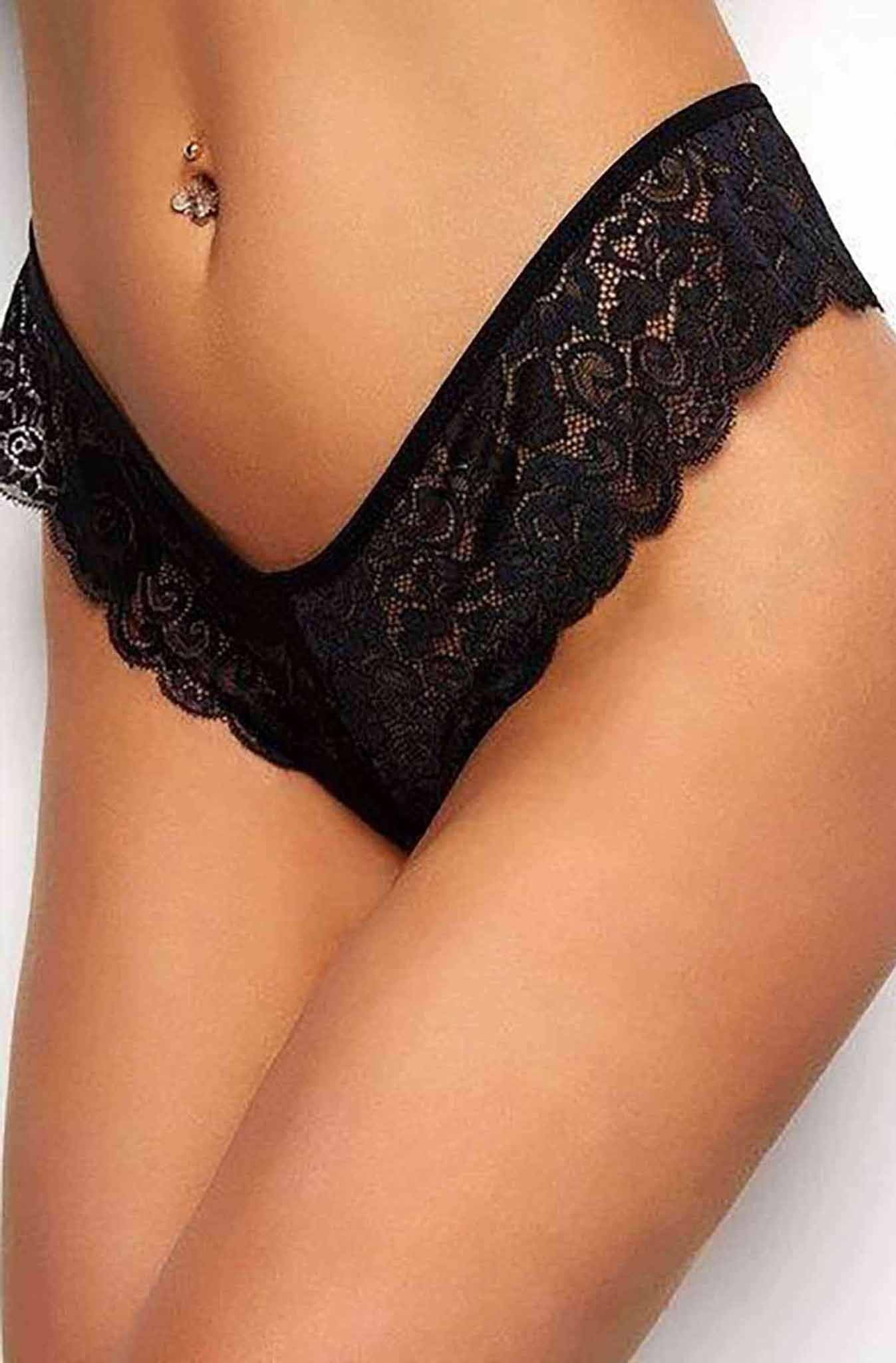 Black Trim Lace Thong V Back Panty