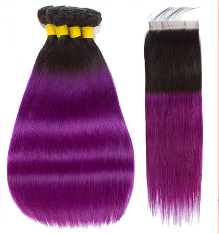 Purple 10A Grade Silver #1B/ purple  3/4 Straight BUNDLES with CLOSURE